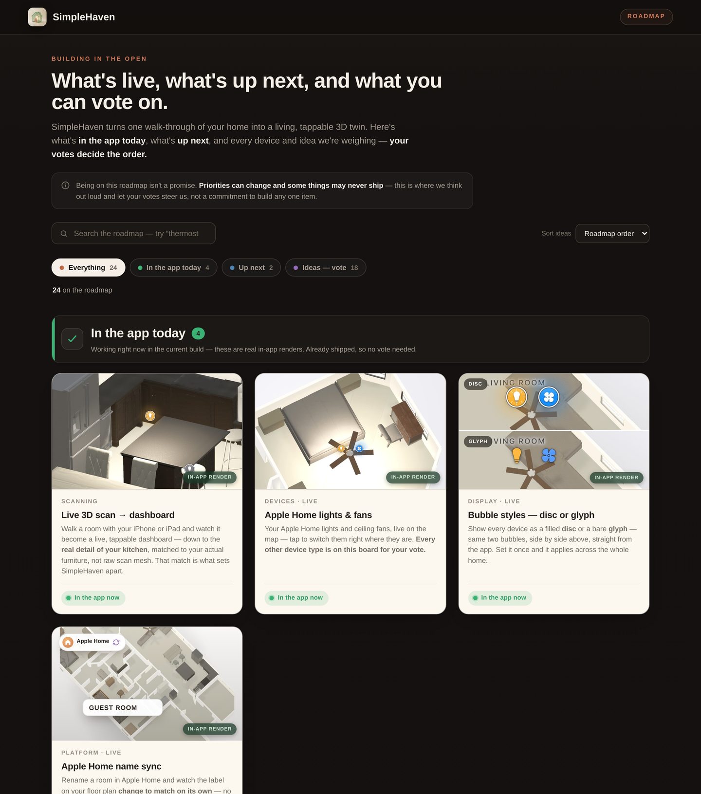 The live SimpleHaven roadmap: whats in the app today, whats up next, and every idea open for voting